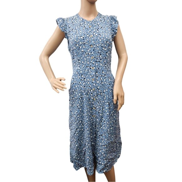 Whistles Flutter Sleeve Button-Down Front Midi Dress in Leopard Print Blue - Picture 1 of 7